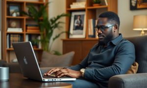 Imagen de un hombre negro de unos 30 años que está sentado en el salón de su casa utilizando su ordenador portátil