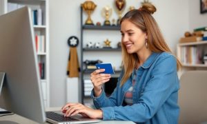 Una chica de unos 20 años está usando su ordenador para comprar online. Tiene su tarjeta de crédito en la mano y está sentada en el escritorio de su habitación. La habitación tiene estanterías con libros y trofeos deportivos