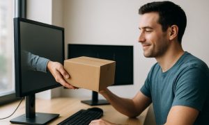 una imagen realista en la que un hombre joven está sentado ante el ordenador. De la pantalla sale un brazo que le ofrece una caja de cartón bien empaquetada