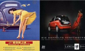 Un coche clásico con mujer en vestido amarillo ajustando un tornillo, y coche moderno con mujer en rojo; ambiente promocional. Texto visible:

Izquierda: 
“Elena Borja
Bujías y Herramientas 
Póngalas en su coche 
Garantía Máxima 
[c][b] Alemán Español Ingeniero”

Derecha: 
“Die Doppelte Verführung
Die Neue Kompaktklasse.
Ultimatives Fahrvergnügen
LANCIA”