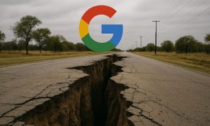 una imagen realista de una grieta enorme que se abre en el suelo en una ciudad, al estilo de las que se produce en un terremoto.