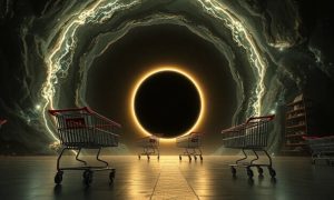 Carritos de compras vacíos alineados; se dirigen hacia un portal brillante en un entorno oscuro. Innovación en retail, futuro del comercio.