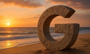 un logotipo de la G de Google, con aspecto de estar hecho de piedra, en medio de una playa al atardecer