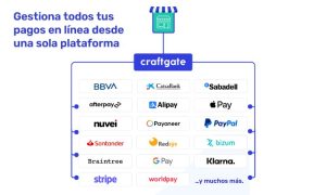 Icono de tienda virtual conecta logos de servicios de pago como BBVA, PayPal, Stripe. Texto: "Gestiona todos tus pagos en línea desde una sola plataforma".