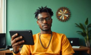 Hombre con gafas sostiene una tablet en una oficina moderna, fondo verde con plantas y decoración, simbolizando tecnología y creatividad.