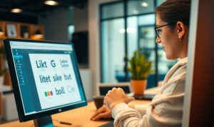 Imagen generada con IA que muestra que muestra a una persona en un ambiente de trabajo moderno y creativo usando una computadora para diseñar una fuente personalizada con un generador. La persona, concentrada y con una expresión de creatividad, selecciona opciones en una interfaz gráfica intuitiva que exhibe distintos estilos de letras y herramientas de diseño. La pantalla muestra el proceso de creación de una fuente creada con Creative Fabrica