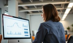 mujer joven utilizando looker studio en su ordenador