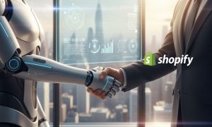Imagen de un apretón de manos entre un robot humanoide (que simboliza la IA) y un ejecutivo (la persona), sellando un acuerdo. El fondo es una oficina moderna con un skyline al atardecer. Sobre el apretón de manos, flota un display holográfico con gráficos y el logotipo de Shopify, simbolizando la integración de la IA en los negocios de ecommerce.