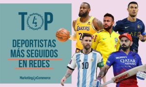 Carátula en la que, a la derecha aparecen las fotografías de varios de los deportistas con más seguidores en redes sociales (Cristiano Ronaldo, Leo Messi, Virat Kohli, Neymar y LeBron James). A la izquierda se ve una portada en azul en la que se lee "Top deportistas más seguidos en redes" y, bajo esto, el logo de Marketing4eCommerce