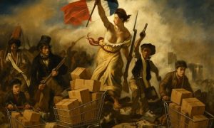 cuadro de "la libertad guiando al pueblo" de Delacroix? me gustaría que hicieras una imagen similar, en formato 16:9, en la que las personas que aparecen en el cuadro estuviesen acompañadas de carritos de la compra repletos de paquetes de cartón