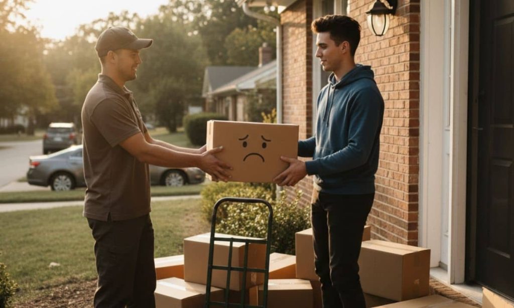 una imagen realista en la que un hombre joven espera en la entrada de su casa al repartidor. El hombre le entrega una caja de cartón que tiene cara triste. Al lado, hay muchas cajas de cartón en el suelo