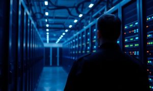 Imagen de un centro de hosting con servidores iluminados en tonos fríos. En primer plano, una persona de seguridad aparece de espaldas, vistiendo uniforme oscuro y observando las filas de racks de servidores. La iluminación tenue resalta la infraestructura tecnológica, transmitiendo un ambiente de alta seguridad y control en el centro de datos.