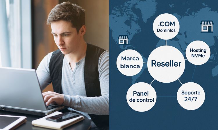 Imagen de un hombre trabajando frente a su PC en el lado izquierdo mientras que en el lado derecho podemos ver un mapa del mundo con 6 burbujas blancas en las que pone: "Reseller", ".com dominios", "hosting NVMe", "marca blanca", "panel de control" y "soporte 24/7".