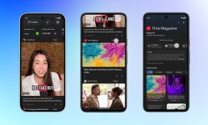 Sobre un fondo degradado azul aparecen tres teléfonos móviles. En sus pantallas se ven las novedades de Discover, que ahora mostrará contenido de creadores de plataformas sociales y también ha integrado nuevas funciones