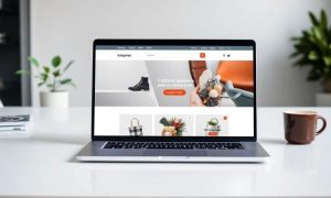 Portátil mostrando un sitio web de compras online con productos en una mesa blanca; al fondo hay plantas y una taza. Texto visible: "Compra ahora".