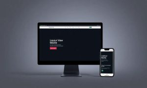 Monitor y smartphone muestran un sitio web minimalista en fondo negro; resaltan las palabras "Layout View Mobile". Ambiente moderno y tecnológico.