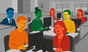 una imagen en formato 16:9 en la que se vea una oficina con distintos empleados, hombres y mujeres contentos, trabajando frente a sus ordenadores. La oficina es gris y aburrida, en tonos blancos y negros. Las personas que están trabajando son de colores. Una persona es naranja, otra roja, otra verde, otra amarilla, etc