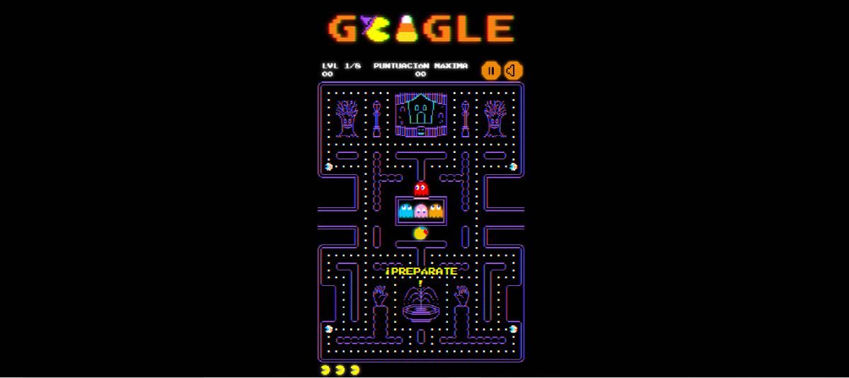 Captura que muestra el primer nivel del minijuego de Pac Man del Doodle de Halloween 2025