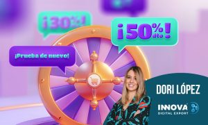 Rueda giratoria ofrece descuentos del 50% y 30% en contexto colorido. Mujer sonriente con texto: "DORI LÓPEZ" y "INNOVA DIGITAL EXPERT". Frase "¡Prueba de nuevo!". Marketing dinámico y atractivo.