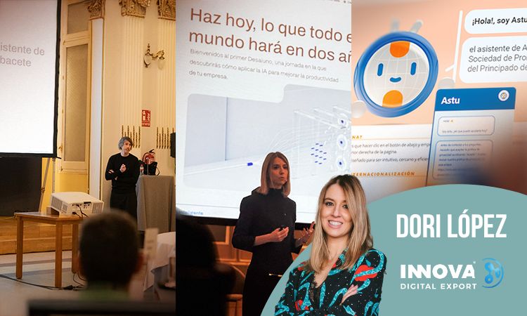 Imagen de "Los DesAIunos inteligentes" en el que se ve a Dori Lopez dando una ponencia y el asistente de IA, Astu, apoyando el evento.