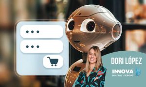 Un robot sonríe con burbujas de chat y un icono de compra. Dori López y logotipo "INNOVA DIGITAL EXPORT" a la derecha. Innovación tecnológica.