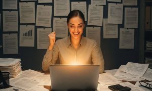 a taylor dressed office worker among a mess of paperwork. A computer is shining on the center
