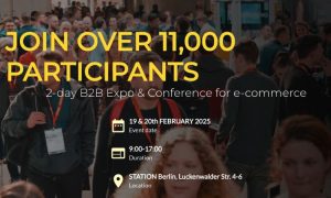 Multitud caminando en una conferencia; texto: "Únete a más de 11,000 participantes. Expo B2B de 2 días para e-commerce. 19-20 febrero 2025. 9:00-17:00. STATION Berlín, Luckenwalder Str. 4-6".