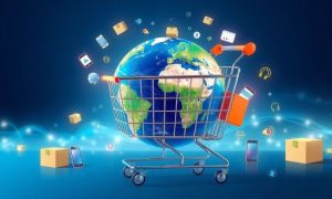 Imagen que muestra el planeta Tierra colocado dentro de un carrito de compras gigante, que simboliza el comercio electrónico global. Alrededor del carrito, elementos vibrantes representan las compras en línea, como carritos de compras digitales, cajas de entrega de paquetes, teléfonos inteligentes que muestran aplicaciones de compras, tarjetas de crédito e íconos de inteligencia artificial. El fondo presenta patrones de redes digitales sutiles para transmitir conectividad. La imagen utiliza una paleta de colores limpia y profesional con toques de azul y verde para resaltar la sostenibilidad y el comercio global.