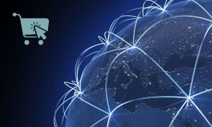 De la mitad derecha de la imagen emerge el planeta Tierra y se ven varios rayos de luz que interconectan puntos de este, en referencia a compras online en el mundo. En la esquina superior izquierda aparece un icono de un carrito de compra y un cursor clicando sobre él.