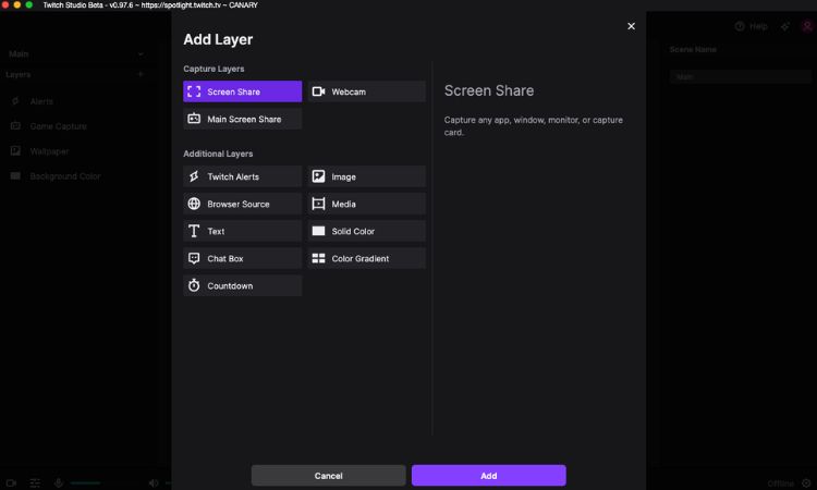 Editor de capas en Twitch Studio