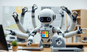 a cute robot with eight arms, working multitasking on a microsoft office