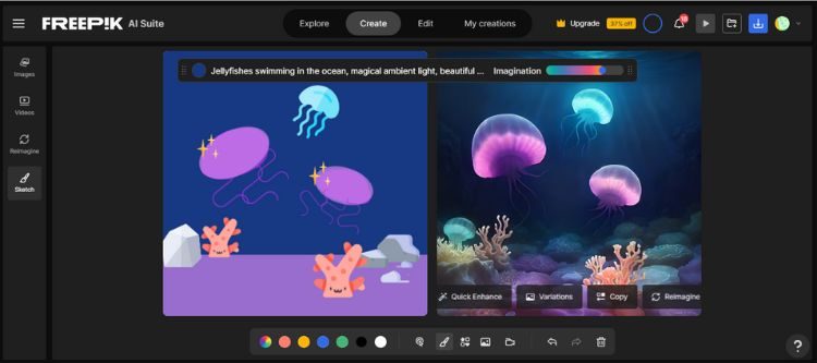 Captura de pantalla que muestra un ejemplo de uso del panel de creación de Sketch to Image (Pikaso) de Freepik
