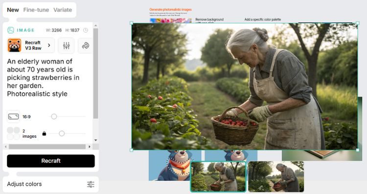 Captura del panel de creación de Recraft tras generar dos imágenes a partir de un prompt y una selección de ajustes concreta