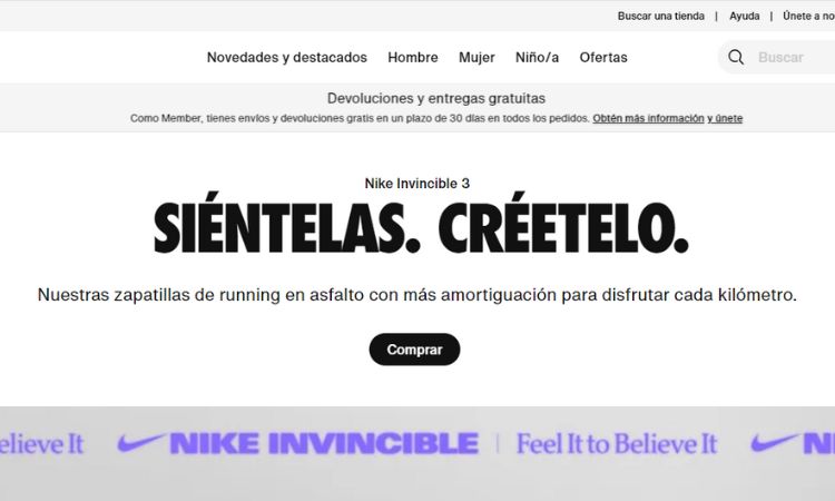 Captura de pantalla de la web de Nike España