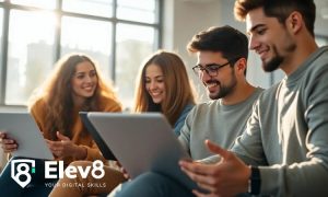 una imagen realista en formato 16:9 de un grupo de personas jóvenes sonriendo ante sus portátiles. Todos están en una oficina bien iluminada, los rayos de sol entran por la ventana