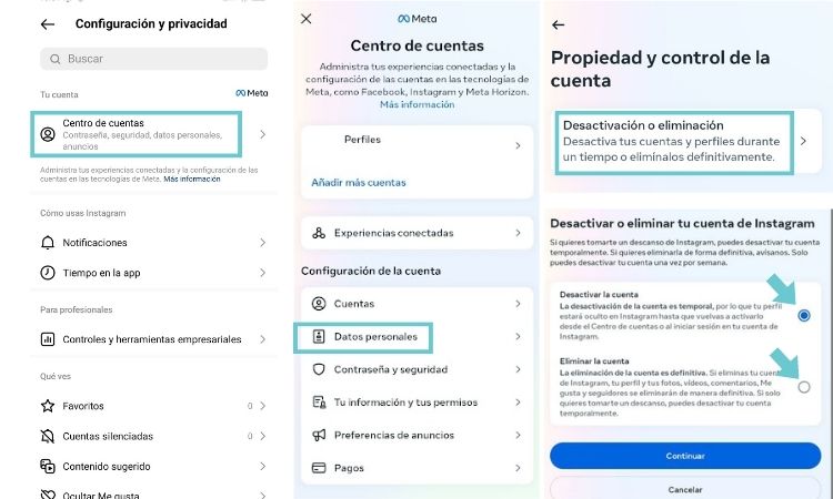 Capturas de pantalla del móvil sobre cómo eliminar Instagram