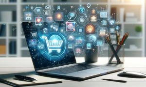 Portátil muestra iconos digitales flotantes de marketing y comercio electrónico. Fondo de oficina con estanterías borrosas. Innovación y tecnología digital.