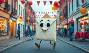 un feliz sobre de email marketing caminando por una calle en fiestas