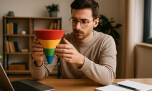 Un hombre joven, con gafas y suéter beige, observa atentamente un embudo de ventas de colores en su escritorio, junto a un portátil y un cuaderno, en un ambiente de oficina.