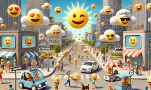 imagen de una ciudad futurista y animada poblada por emojis, realizando diversas actividades cotidianas