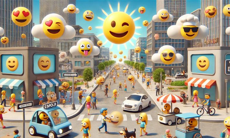 imagen de una ciudad futurista y animada poblada por emojis, realizando diversas actividades cotidianas