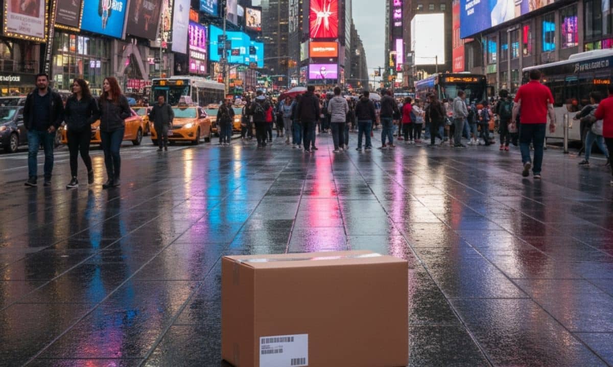 una caja de cartón en times square de nueva york, envío a estados unidos