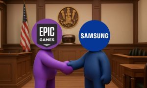 Imagen del interior de un juzgado de EE.UU. En el centro de la sala hay dos muñecos redondeados estrechándose la mano en señal de acuerdo. Un muñeco es violeta y el otro azul oscuro. Estilo animación 3d