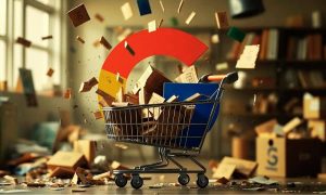 Google "G" logo shame, dynamic shot, mess, chaos, shopping cart, cardboard at the end