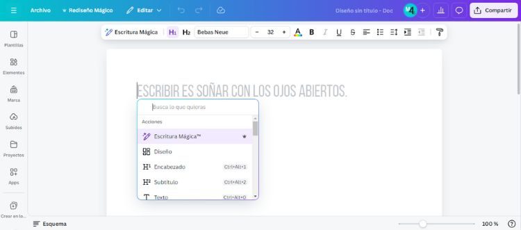 escritura mágica en documento canva