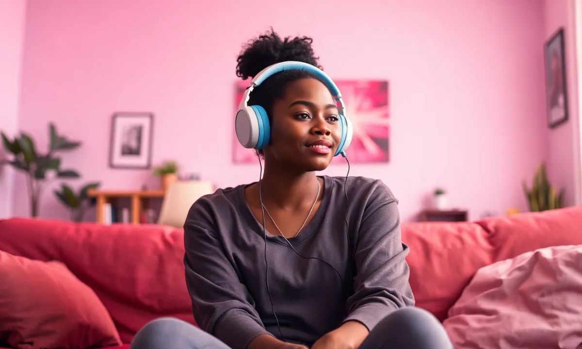 a young woman with headphones on a neon style living room, sat on a comfy couch