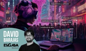 Imagen en la que se muestra un montaje visual con estética futurista y ciberpunk que representa los retos y soluciones en la gestión avanzada de leads. En el centro, aparece una figura con un visor de realidad aumentada, simbolizando el uso de tecnología avanzada en marketing.