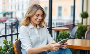 Mujer sonriente usando móvil, sentada en terraza de cafetería urbana. Ambiente tranquilo, con plantas y mesas alrededor. Conectividad y bienestar.