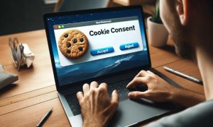 Imagen de un hombre tecleando en un ordenador en el que aparece un banner de aceptación de cookies