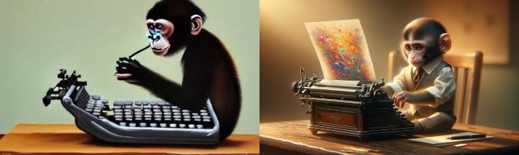 A la izquierda vemos una imagen generada con Dreamstudio en septiembre de 2022 bajo la descripción «A monkey typing on a typewriter, oil painting». A la derecha vemos una nueva versión de esta imagen, creada con Dalle-3 en GPT4 en febrero de 2024, bajo las indicaciones «Voy a adjuntarte una imagen en la que se ve a un pequeño mono sentado junto a una máquina de escribir. ¿Puedes reinterpretarla para crear una versión más moderna, profesional y de calidad? Me gustaría que tuviese un estilo realista, que resultase simpática y agradable. También quiero que el papel que salga de la máquina de escribir, en vez de un texto, muestre un dibujo, representando las IAs generadoras de imágenes a partir de texto»